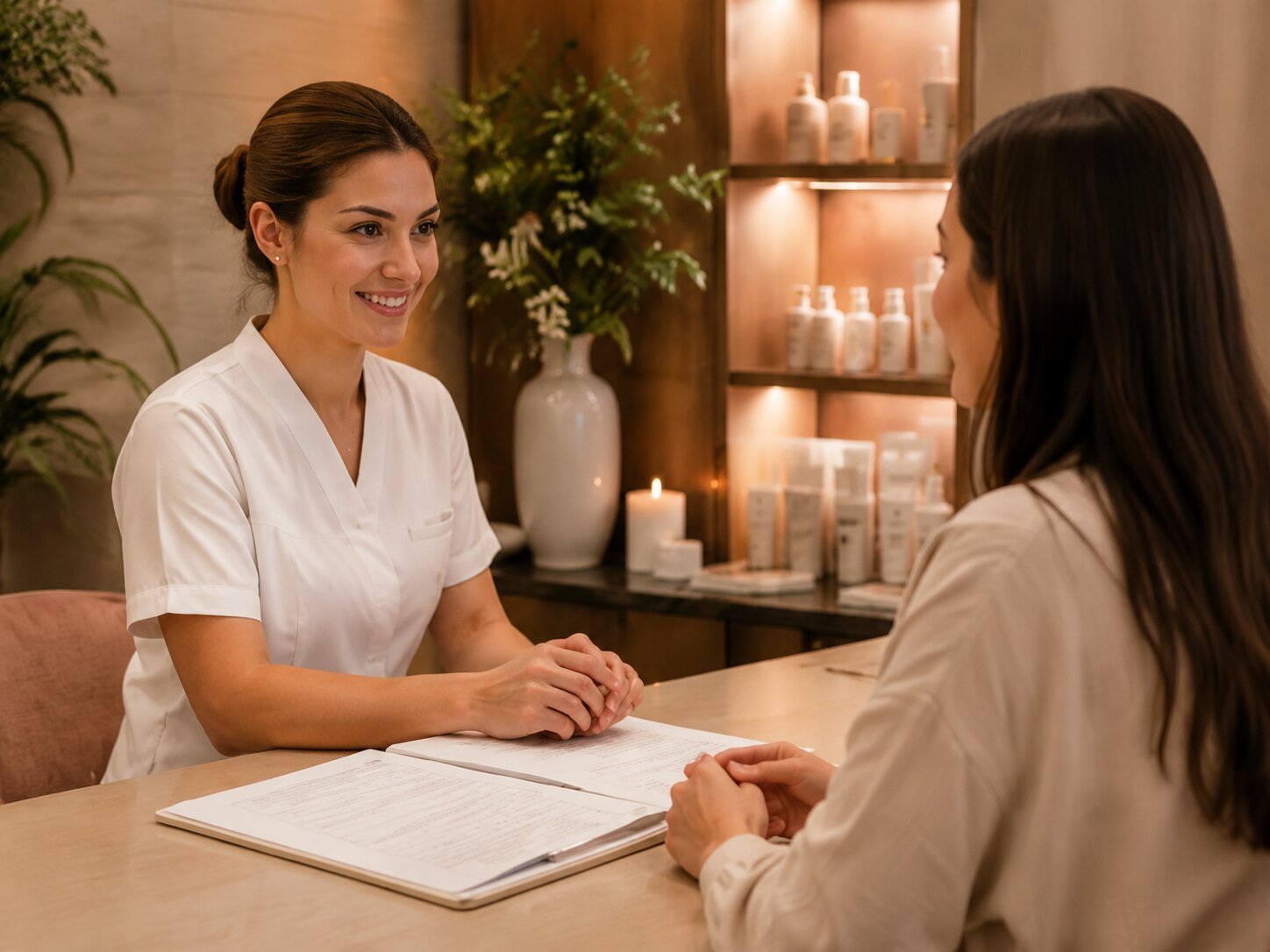Ambient candlelit setting with hands arranging delicate white flowers, evoking tranquility.